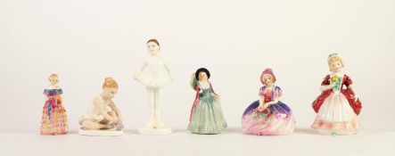 SIX ROYAL DOULTON CHINA SMALL FIGURES, comprising: ?Bridesmaid?, M12, ?Mirabel?, M74, ?Monica?,