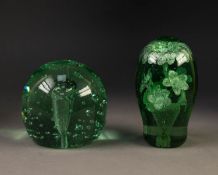 TWO NINETEENTH CENTURY GREEN GLASS DUMPS, one with bubble inclusions, 4 ½? (11.4cm) high, the