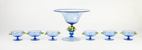 SEVEN PIECE ITALIAN ENCRUSTED BLUE GLASS DESSERT SERVICE FOR SIX PERSONS, comprising: PEDESTAL