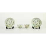 PAIR OF CHINESE QING DYNASTY TEA BOWLS WITH SAUCERS, celadon glazed and enamelled with sprays of