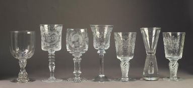 SIX MODERN LARGE STEMMED GLASSES, including: THREE ROYAL COMMEMORATIVE EXAMPLES, one by Royal