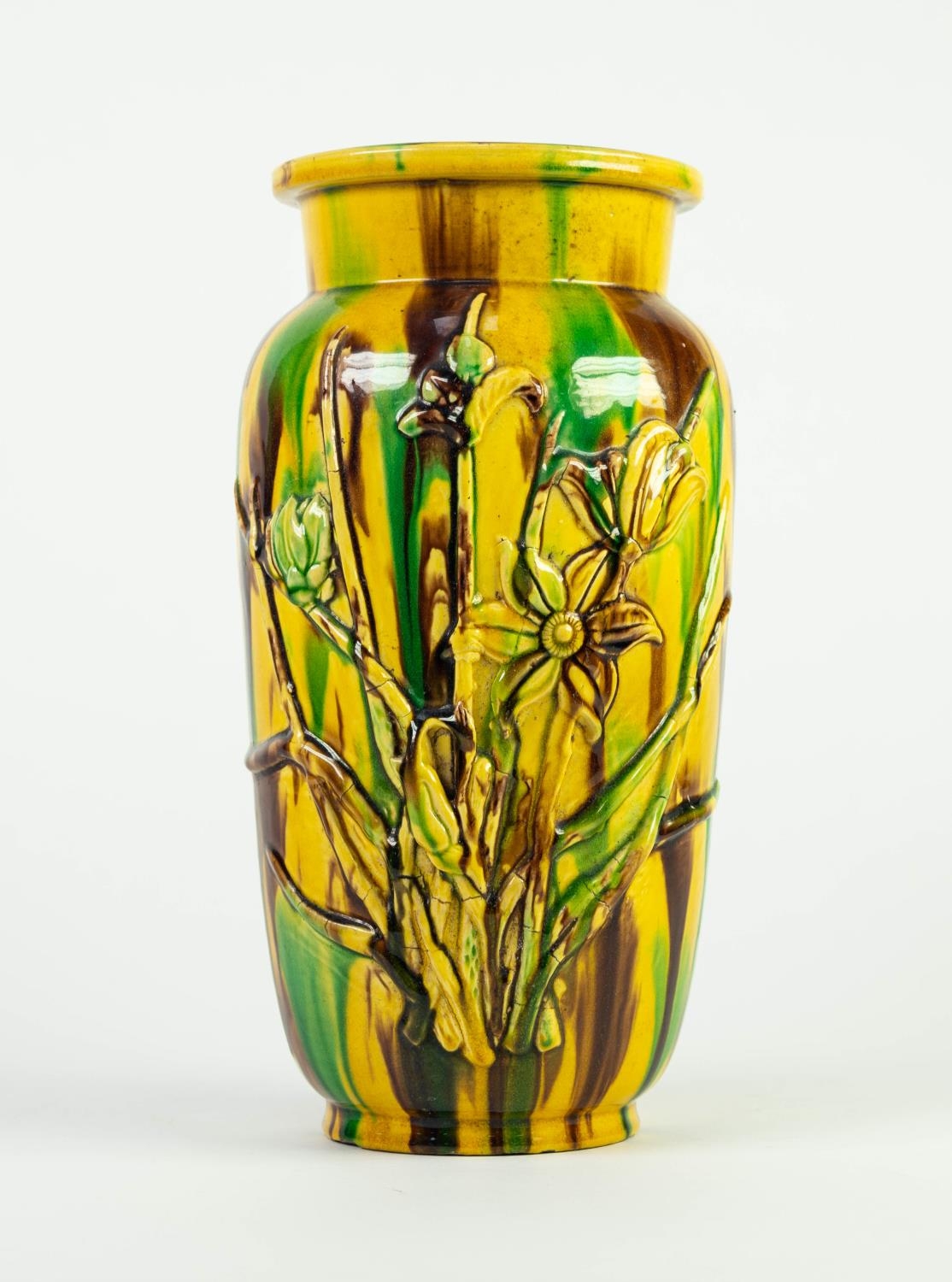 CHINESE EGG AND SPINACH GLAZED MOULDED POTTERY VASE, oviform, decorated with flowers beneath the