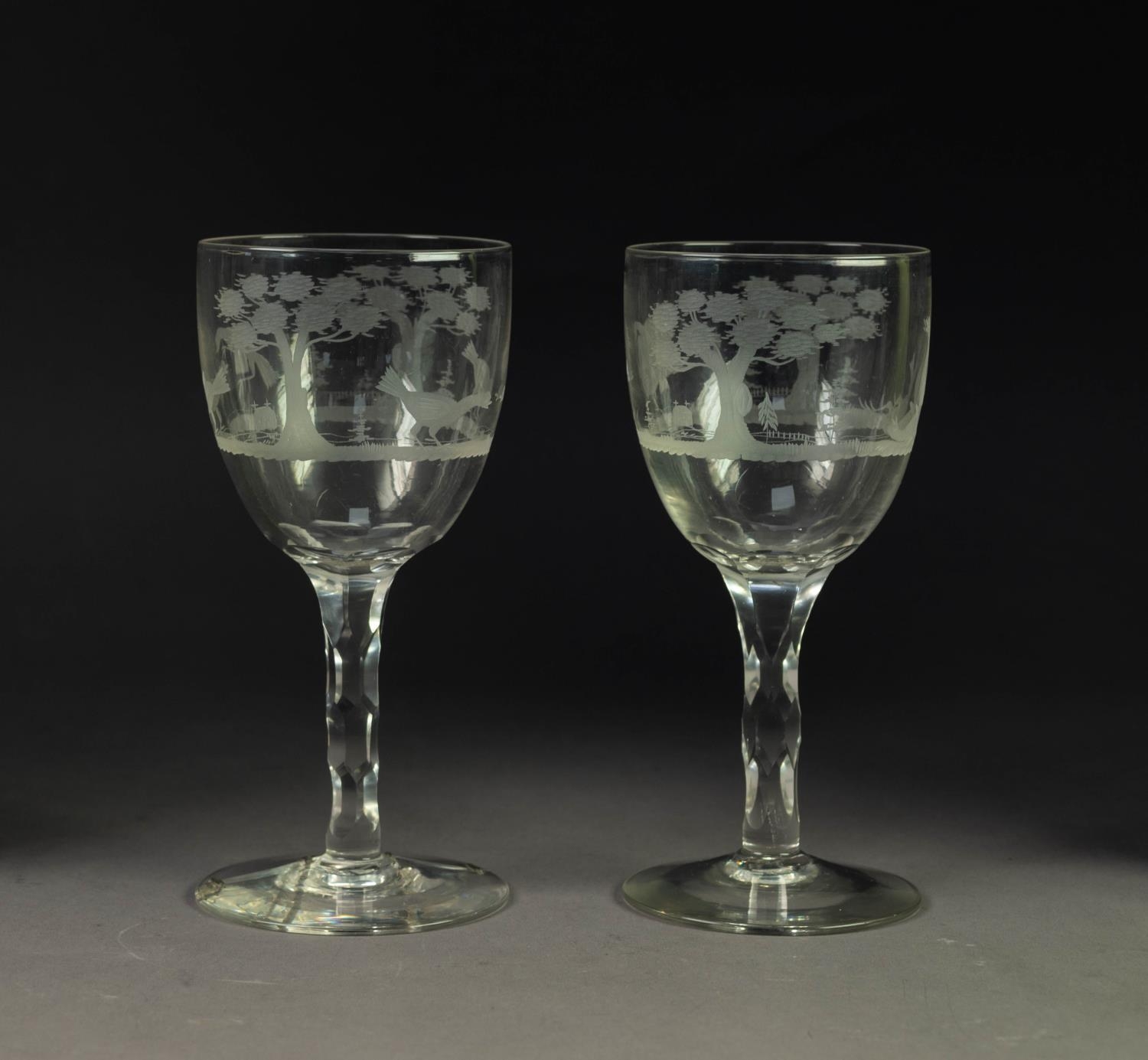 PAIR OF COCK FIGHTING ENGRAVED GLASS GOBLETS, each with wheel cut scenes to the bowl, above a - Image 2 of 3