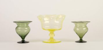 THREE PIECES OF JAMES POWELL GLASS, comprising: VASELINE PEDESTAL DISH, with wavy rim, knopped