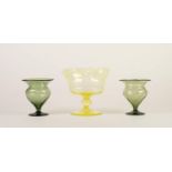 THREE PIECES OF JAMES POWELL GLASS, comprising: VASELINE PEDESTAL DISH, with wavy rim, knopped