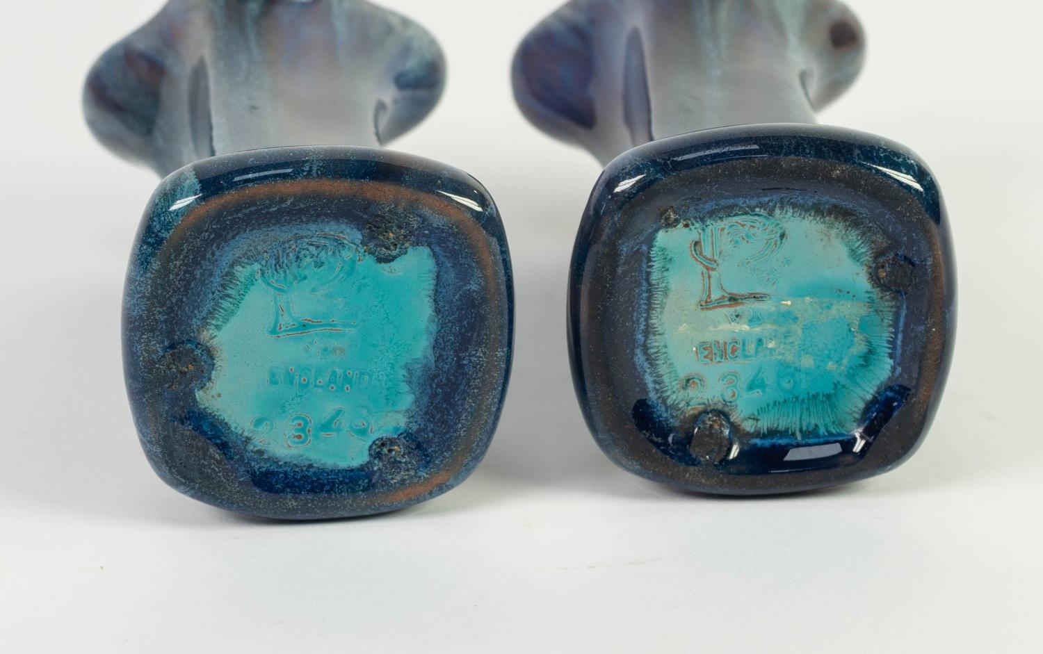 PAIR OF PILKINGTONS BLUE VEINED OPALESCENT GLAZED POTTERY VASES, each of square, twisted form with - Image 3 of 3