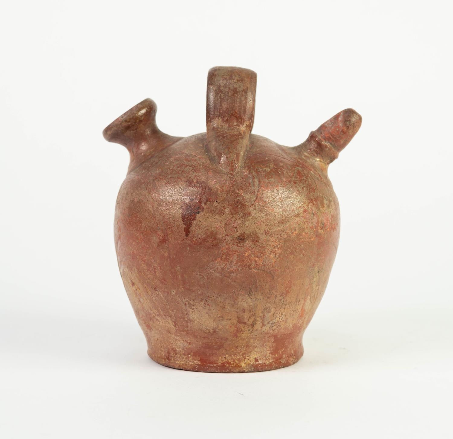 AGED COLUMBIAN BURNISHED EARTHENWARE VESSEL, with central loop handle and shaped spout, 6 3/4in ( - Image 2 of 3