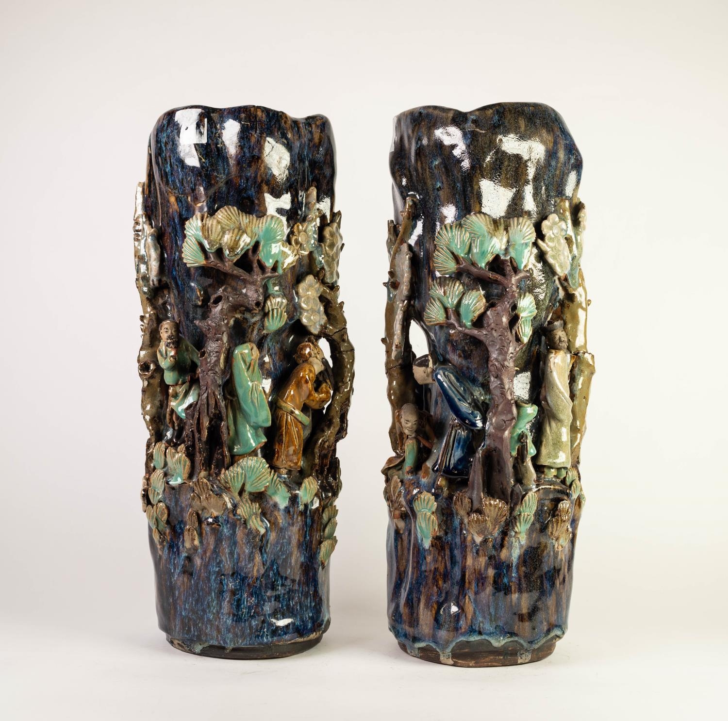 PAIR OF CHINESE LATE QING DYNASTY PROVINCIAL WARE STONEWARE CYLINDRICAL VASES, each sculpted in bold - Image 3 of 4