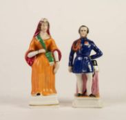 PAIR OF NINETEENTH CENTURY PORCELAIN SMALL FIGURES ON PLINTH BASES, both painted in colours, one