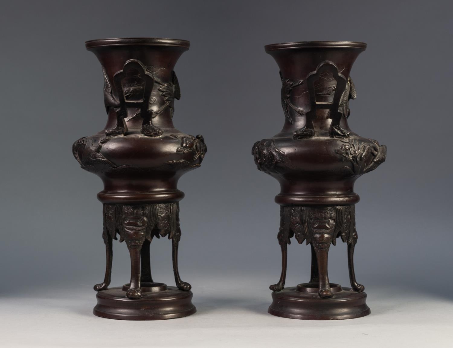 PAIR OF JAPANESE LATE MEIJI PERIOD TWO HANDLED PATINATED SPELTER VASES OR KOROS, each of campana - Image 3 of 3