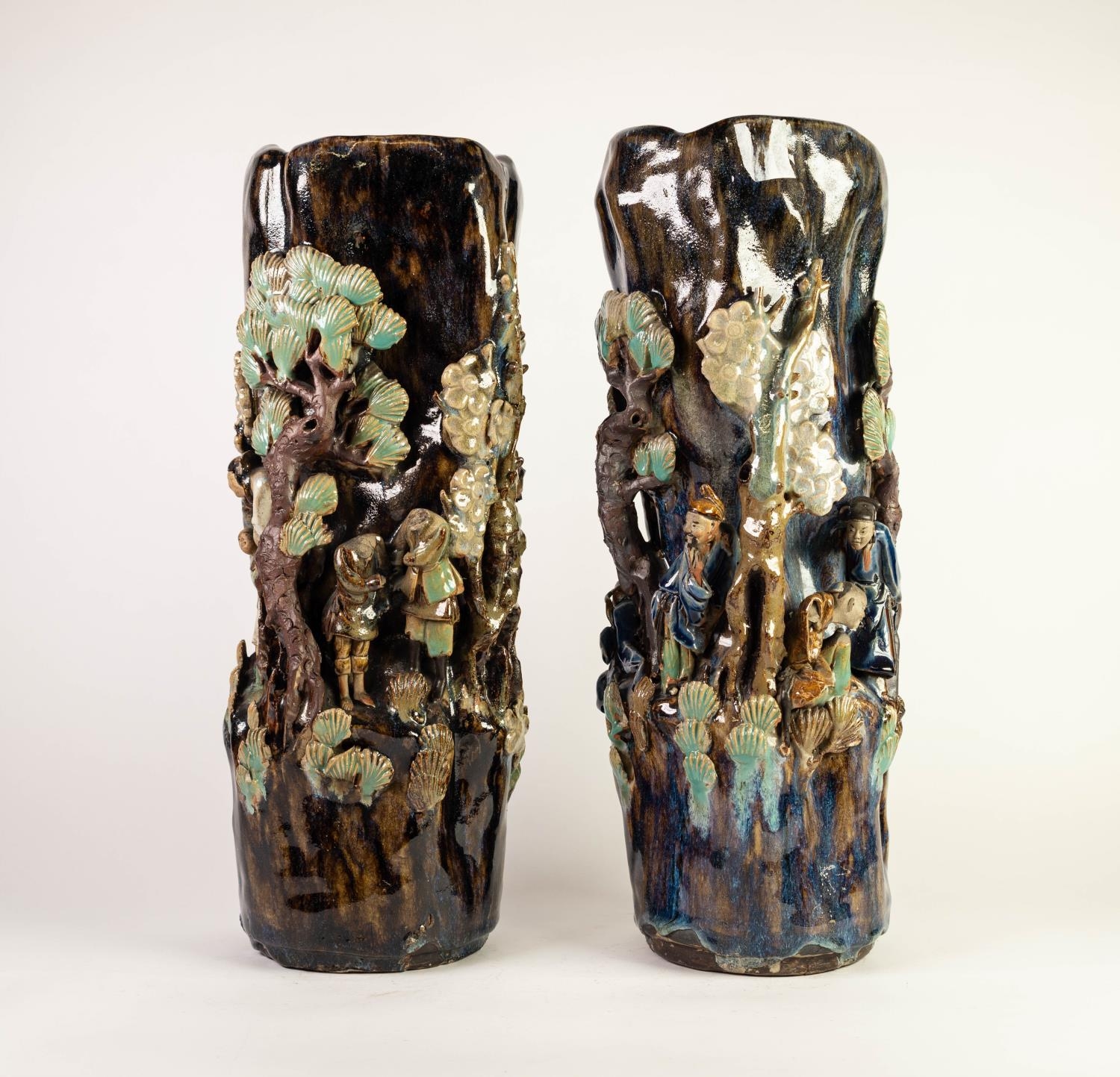 PAIR OF CHINESE LATE QING DYNASTY PROVINCIAL WARE STONEWARE CYLINDRICAL VASES, each sculpted in bold - Image 2 of 4