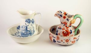 TWO POTTERY TOILET JUG AND BOWL SETS, one in the Mason?s Imari style, ?Ironstone China?, the other