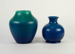 TWO ROYAL LANCASTRIAN KINGFISHER BLUE GLAZED POTTERY VASES, one of oviform, fading to green, 8? (