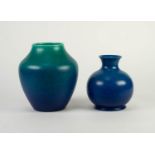 TWO ROYAL LANCASTRIAN KINGFISHER BLUE GLAZED POTTERY VASES, one of oviform, fading to green, 8? (