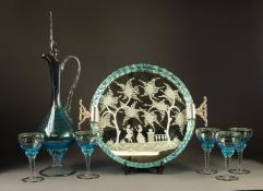 VINTAGE VENETIAN GLASS DRINKS SET comprising a circular tray with trailed blue tinted glass rope-