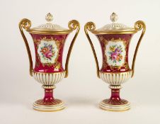 PAIR OF 20th CENTURY 'ORIGINAL DRESDEN' PORCELAIN TWO HANDLED CAMPANA SHAPE PEDESTAL VASES AND LOW