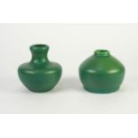 TWO ROYAL LANCASTRIAN MOTTLED GREEN MATT GLAZED POTTERY VASES, one potted by Radford, 4 ½? (11.