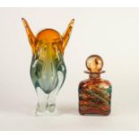 MDINA, MALTA, STUDIO GLASS OBLONG SECTION DECANTER AND GLOBULAR STOPPER, amber stained and trailed