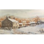 F.H. FAWKES (TWENTIETH CENTURY) WATERCOLOUR DRAWING ?Bollington from Cow Lane? , in snow Signed
