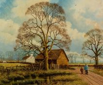 PATRICK BURKE (1932) OIL PAINTING ON BOARD Man and a boy walking on a country lane, with barn and