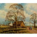 PATRICK BURKE (1932) OIL PAINTING ON BOARD Man and a boy walking on a country lane, with barn and