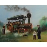 ANTHONY ORME (1945) PASTEL DRAWING Traction engine on the move, watched by bystanders and a dog