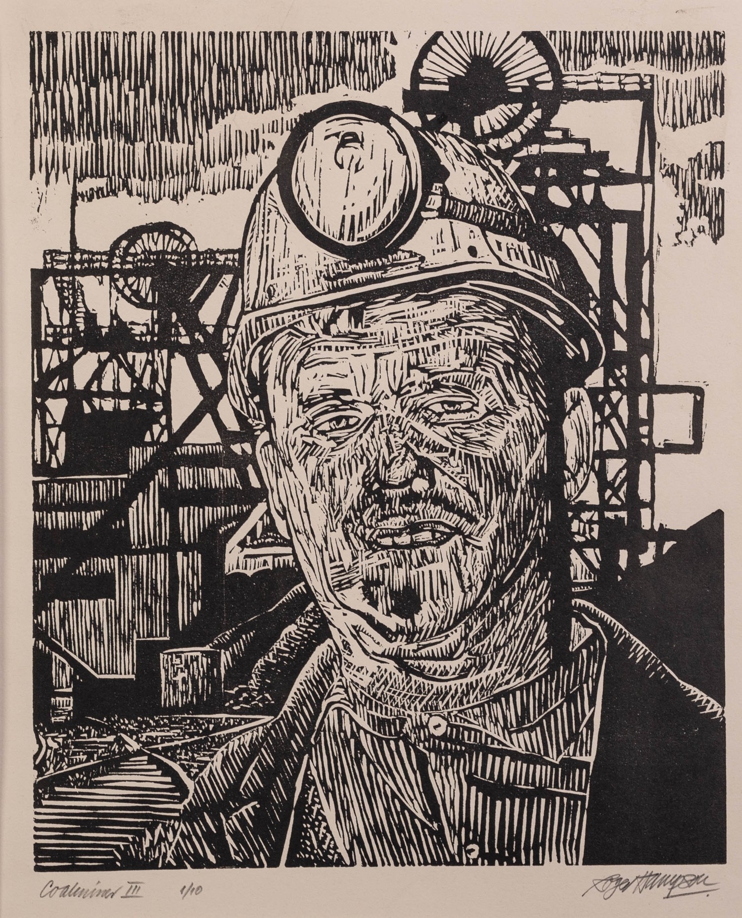 ROGER HAMPSON (1925 - 1996) LINOCUT ON WHITE PAPER Coalminer III Signed, titled and numbered 1/10 in