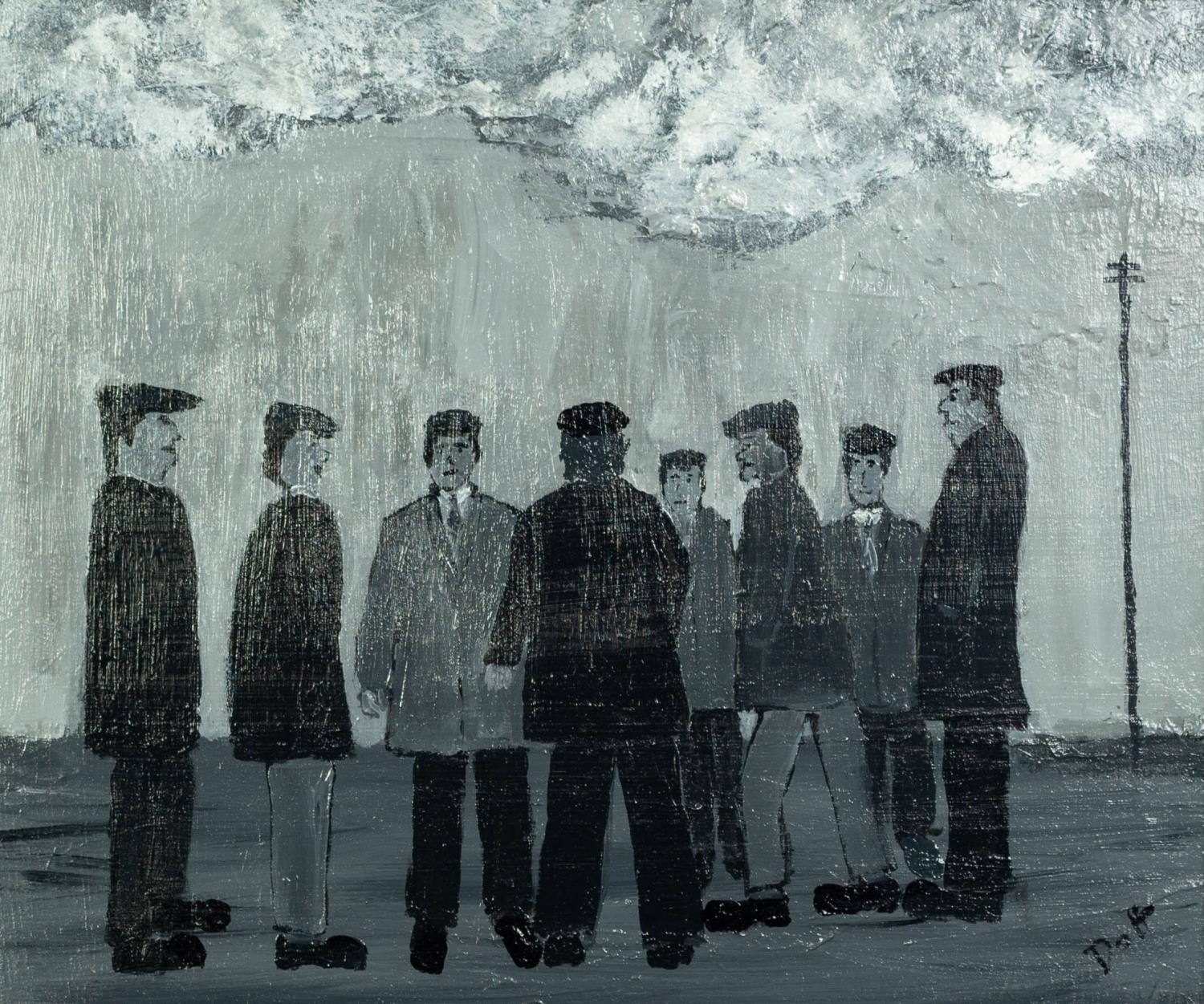 VINCENT DOTT (TWENTIETH/ TWENTY FIRST CENTURY) MONOCHROME OIL ON BOARD ?The Workers No 8? Signed,