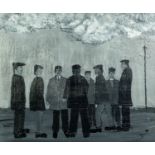 VINCENT DOTT (TWENTIETH/ TWENTY FIRST CENTURY) MONOCHROME OIL ON BOARD ?The Workers No 8? Signed,