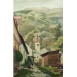 ROGER HAMPSON (1925 - 1996) OIL PAINTING ON BOARD Borec, Yugoslavia, street scene with church and