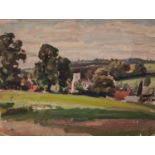 HARRY RUTHERFORD (1903 - 1983) OIL PAINTING ON DALER BOARD View of Mottram village and church 14in x