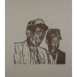 ROGER HAMPSON (1925 - 1996) LINOCUT ON PAPER Laughing Miners Signed, titled and numbered 20/20 in