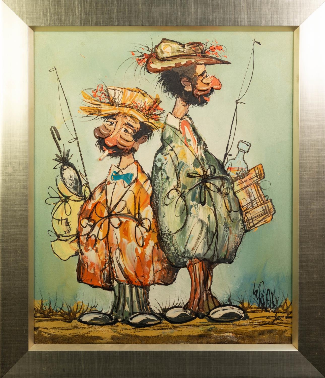 W.RYAN? (TWENTIETH/TWENTY FIRST CENTURY) IMPASTO OIL PAINTING ON CANVAS Comical study of two anglers - Image 2 of 2