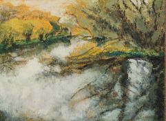 KENNETH LAWSON (1920 - 2008) ACRYLIC ON BOARD River near Godstow, Oxford, Labelled verso with