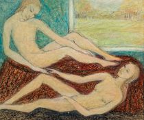 GOLDA ROSE (1921-2016) MIXED MEDIA ON BOARD Two naked female bathers Unsigned and untitled 10 ½? x