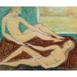 GOLDA ROSE (1921-2016) MIXED MEDIA ON BOARD Two naked female bathers Unsigned and untitled 10 ½? x