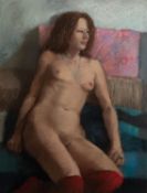 BOHUSLAV BARLOW (b.1947) PASTEL ?Nude with Pink? Signed, titled to artist label verso 24 ¾? x