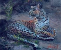 ROLF HARRIS (b.1930) ARTIST SIGNED LIMITED EDITION COLOUR PRINT Leopard Reclining at Dusk, (14/195),