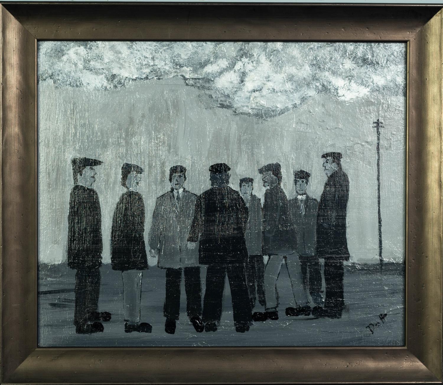 VINCENT DOTT (TWENTIETH/ TWENTY FIRST CENTURY) MONOCHROME OIL ON BOARD ?The Workers No 8? Signed, - Image 2 of 2