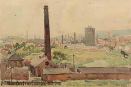 IAN GRANT (1904 - 1993) WATERCOLOUR DRAWING Panoramic view of a northern town, with brickworks