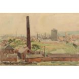 IAN GRANT (1904 - 1993) WATERCOLOUR DRAWING Panoramic view of a northern town, with brickworks