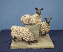 TED ROOCROFT (1918-1991) CONCRETE MAQUETTE ?Sheep?, three sheep and stone plinth 18? (45.7cm)