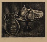 MAY AIMEE SMITH (active 1920s - 1940s) WOOD ENGRAVING Still life with jug and two pears on a tazza