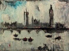 LAWRENCE JAMES ISHERWOOD (1917-1988) OIL ON CANVAS ?Houses of Parliament? Signed, tilted verso 18? x