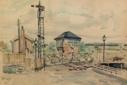 IAN GRANT (1904 - 1993) WATERCOLOUR DRAWING Level Crossing Signed lower right and labelled verso