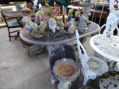 A SELECTION OF  GREY METAL AND MESH GARDEN FURNITURE, COMPRISING; FOUR ARMCHAIRS, A D-END TABLE