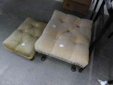 A POLISHED WOOD OVER-CHAIR TABLE WITH SIDE PERIODICAL RACK AND TWO OBLONG STOOLS WITH BUTTON