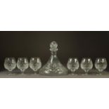 MOULDED GLASS SHIPS DECANTER AND STOPPER AND MATCHING SET OF SIX BRANDY BALLOONS, unmarked, (7) C/R-