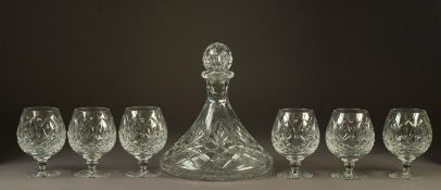 MOULDED GLASS SHIPS DECANTER AND STOPPER AND MATCHING SET OF SIX BRANDY BALLOONS, unmarked, (7) C/R-