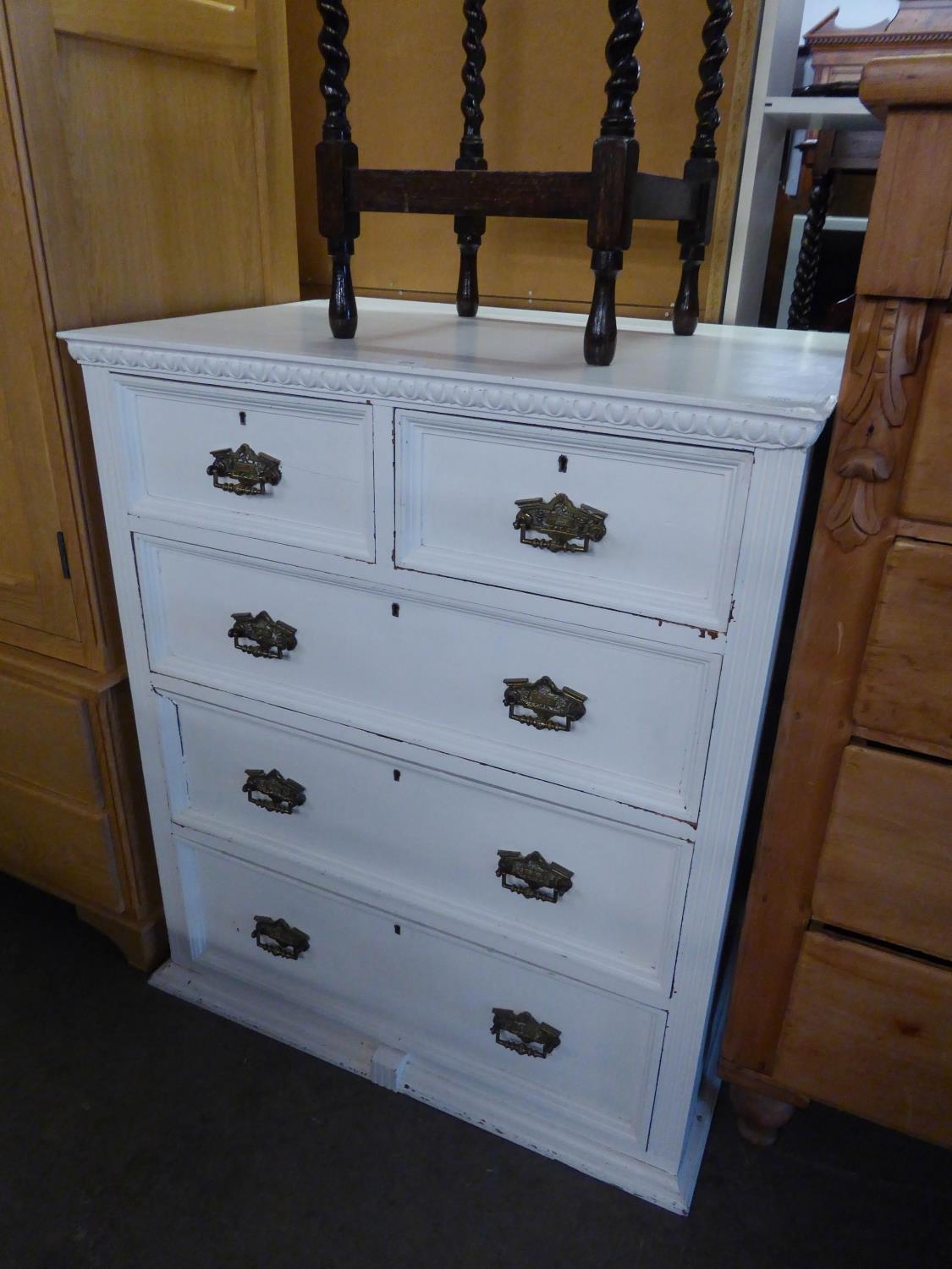 A LATE VICTORIAN WHITE PAINTED PINE CHEST OF TWO SHORT AND THREE GRADUATED LONG DRAWERS, 2?102 WIDE